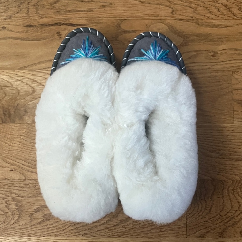 Polish Sheepskin Grey and White Moccasin Slippers with Blue Embroidery